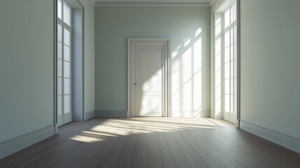 Empty door opened light. Light shining through open door 3D realistic Illustration
