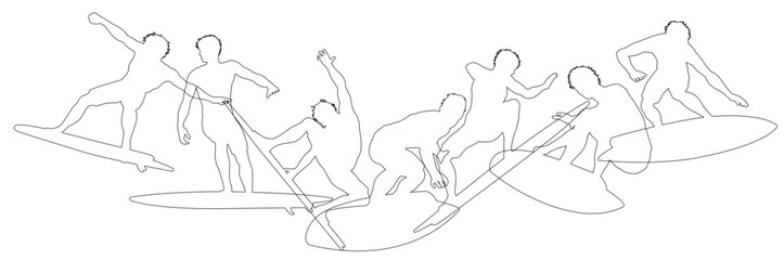 Surfers Surfing on their Surf Boards Silhouette set. Active sports people healthy players fitness silhouettes concept.