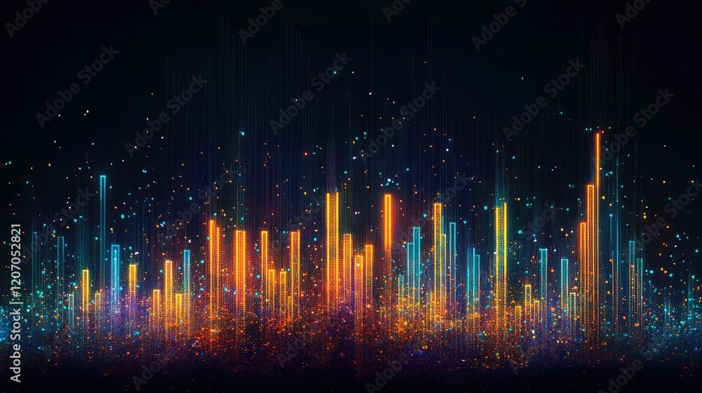 Poster a conceptual image of glowing stock market numbers and data points, symbolizing the complexity of fi