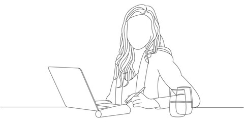Minimalist Line Art of a Woman Writing Notes While Working on a Laptop