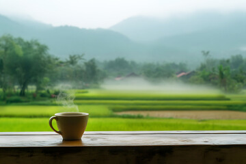 close-up of steaming coffee cup on wooden counter with softly blurred rice fields and rural landscape in the background, capturing the warmth and peaceful atmosphere tranquil morning.