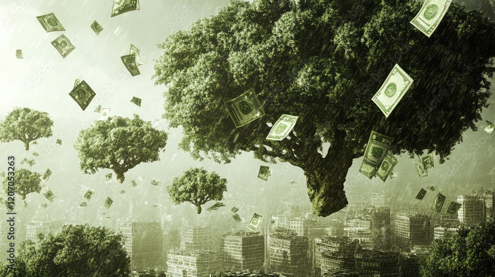 Poster a conceptual image of rising financial data with abstract investment symbols floating around, symbol