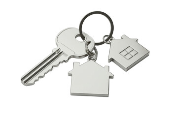 Silver keys with a house-shaped keychain isolated on white background