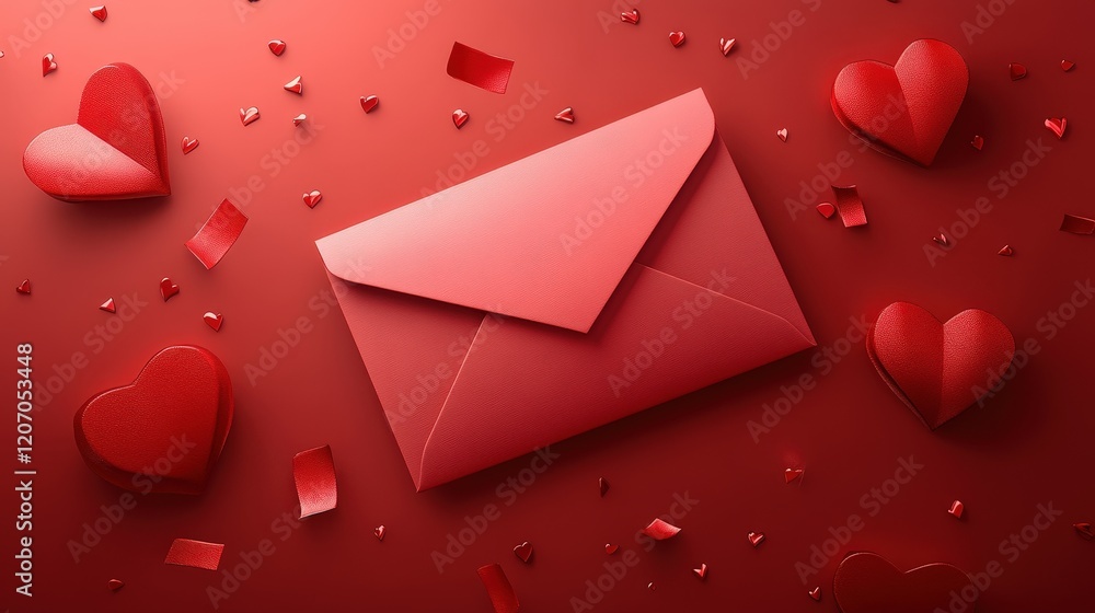 Poster vibrant red envelope surrounded by red hearts and decorative elements on a rich red background for r