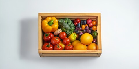 Wooden crate filled with colorful fresh produce; tomatoes, peppers, broccoli, grapes, and oranges.