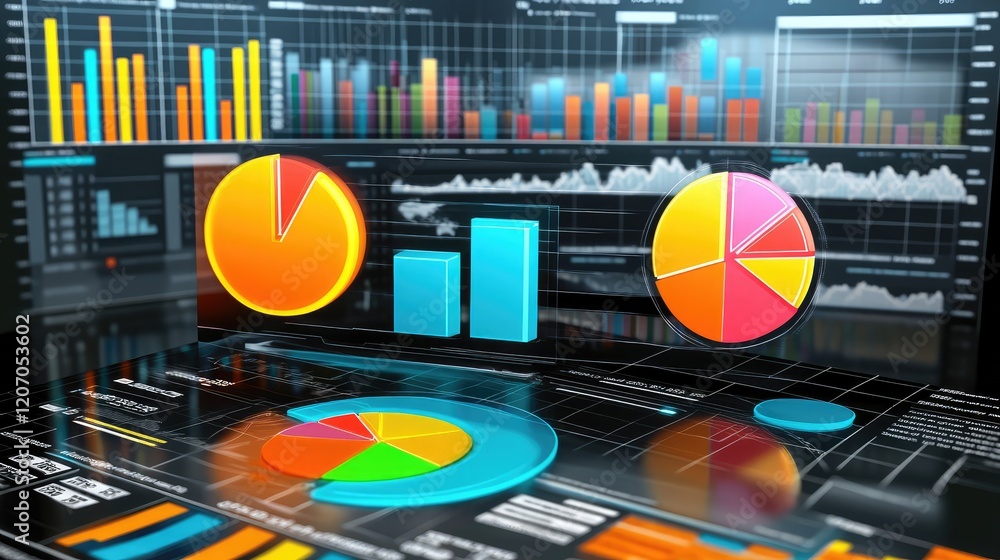 Poster a digital dashboard displaying debt tracking tools with glowing pie charts and payment progress, sym