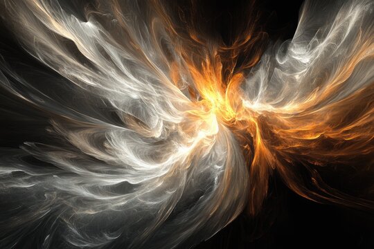 Fototapeta Abstract fractal art depicting swirling, fiery, and ethereal forms in shades of white and orange against a transparent background.