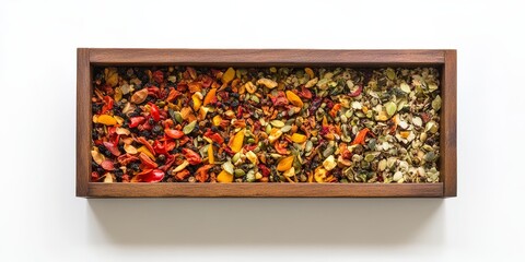 Assorted dried fruit and herb mix in a wooden box.