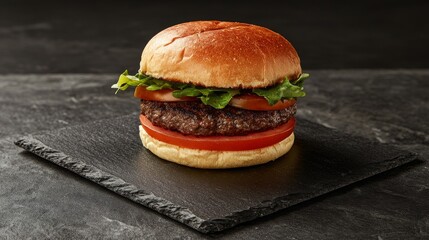 Gourmet burger with juicy patty and fresh toppings on brioche bun, served on slate plate