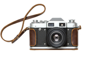 Retro vintage camera with a leather strap isolated on white background