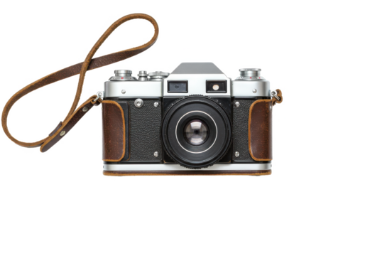 Retro vintage camera with a leather strap isolated on white background
