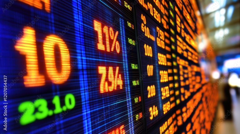 Poster a digital display showing rising stock prices and glowing currency symbols, surrounded by abstract g