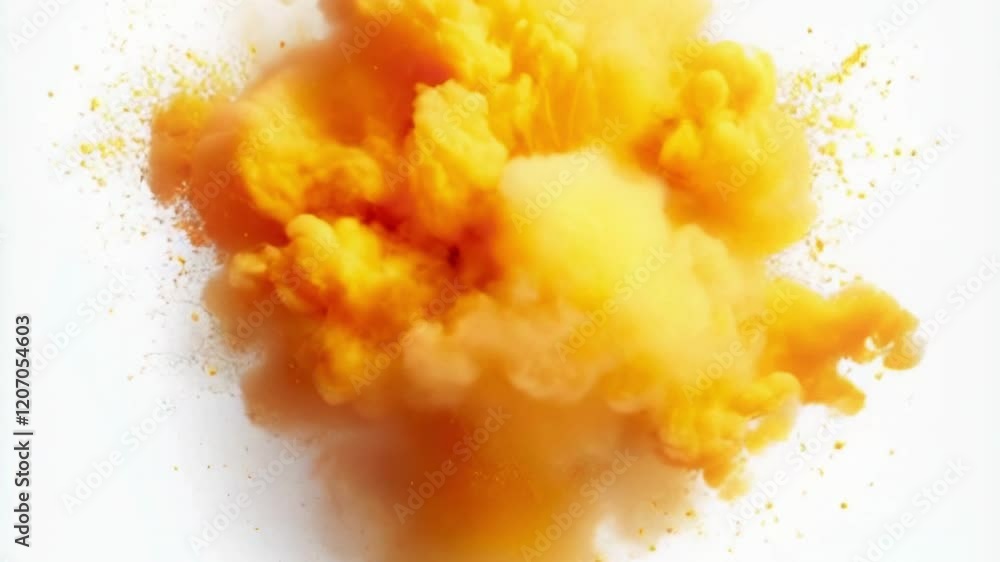 Poster In the animation, a warm orange cloud suddenly bursts into flames and gently disperses into space. The particles drift in chaotic motion against a white background