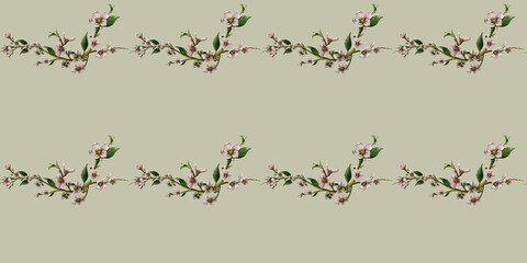 Floral seamless pattern of a tender blossoming branches with white and pink flowers on a pastel background.