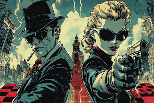 noir detective and a femme fatale standing on opposite sides of a chessboard city, the buildings forming chess pieces illustration pulp book cover