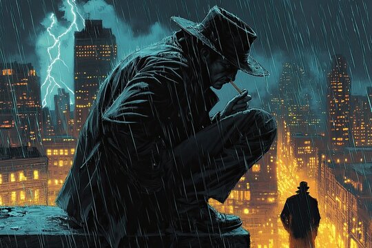 Detective leaning over a rooftop ledge, staring down at the glowing city below, rain dripping from his fedora, his trench coat blowing in the wind, a cigarette in his mouth