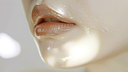 Fototapeta premium Close-up of a person's face with visible skin texture, showcasing natural imperfections and healthy glow, representing authenticity and self-confidence in beauty.