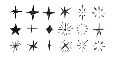 Crayon grunge star, sparkle shine light doodle crayon, pencil texture vector set silhouette in different shapes © Kim Phuong Art