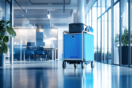 A cleaning cart filled with professional equipment stands prominently in a contemporary office space