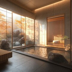 Serene Japanese Onsen Spa With Autumnal Garden View