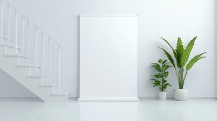 Minimalist White Interior Roll-up Banner Mockup with Plants and Stairs, mockup, 3d render