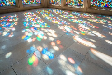 Obraz premium Colorful stained-glass window light patterns illuminate a stone floor, creating a vibrant and mesmerizing scene.
