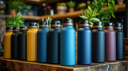 Fototapeta premium Colorful insulated bottles on wooden shelf.