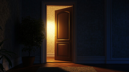 Empty door opened light. Light shining through open door 3D realistic Illustration