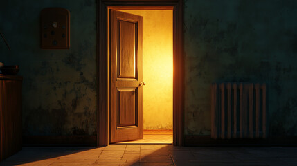 Empty door opened light. Light shining through open door 3D realistic Illustration