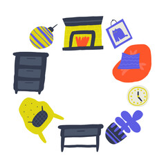 Living room interior cute hand drawn doodle composition, banner, wreath with funny hand drawn doodle house furniture chair, armchair, plant, pot, table, clock, fireplace, bedside table.
