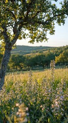 Serene sunset landscape with wildflowers and trees.