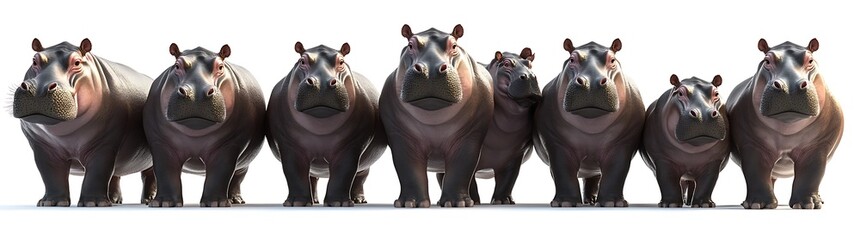 A charming banner featuring many cute baby hippos sitting, with a wildlife backdrop for Hippo Day, celebrating World Wildlife