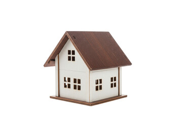 Fototapeta premium Small white wooden house model with a brown roof isolated on white background