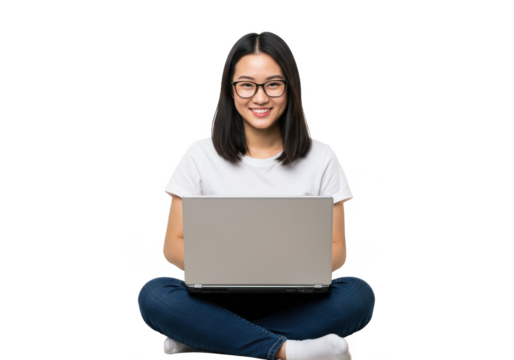 Young woman with glasses sitting on a white sofa using a laptop, casual outfit, isolated on white background