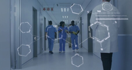 Image of chemical formula over diverse surgeons walking and talking