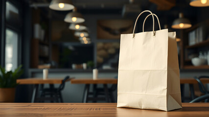 Paper shopping bag mockup on cozy restaurant background with copyspace. Take-away concept	