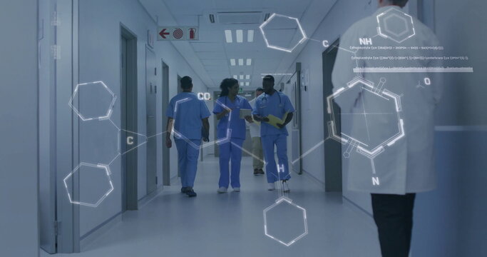 Image of chemical formula over diverse surgeons walking and talking - Powered by Adobe