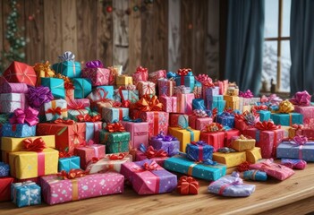 Obraz premium A sprawling mountain of colorful gifts covered in wrapping paper and ribbons on a wooden table , Gifts galore, Present avalanche
