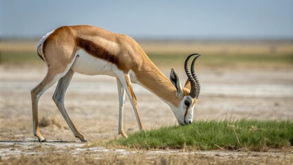 A springbok gazelle bends down to nibble on a particularly succulent patch of grass, its horns slightly curved as it lowers its head to the ground., herbivore, nature, grasses