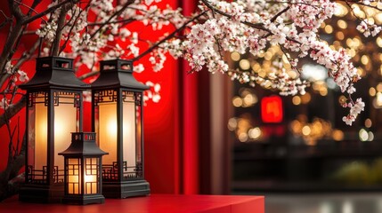 Harmonious Design of Traditional Lanterns Surrounded by Cherry Blossoms on a Serene Red Background