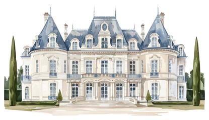 Fototapeta premium PNG Elegant French chateau watercolor illustration