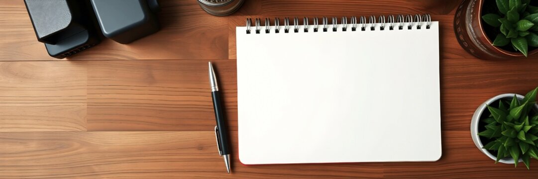 Contemporary workspace with blank notebook and plant. Business background with copyspace. Workspace interior