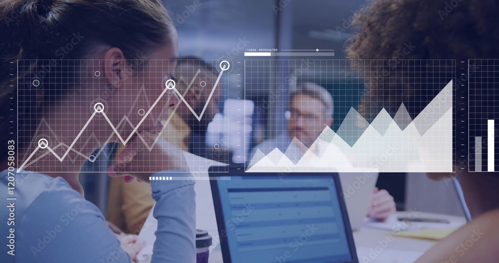 Poster image of financial data processing over diverse colleagues discussing work in office