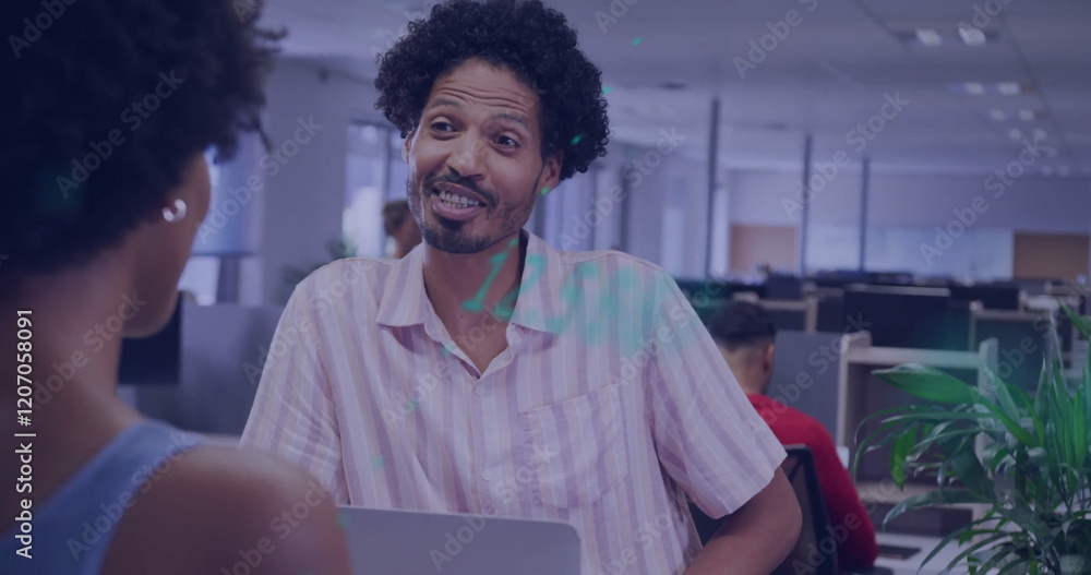 Poster image of financial data processing over diverse colleagues discussing work in office