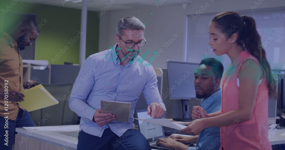 Poster image of financial data processing over diverse colleagues discussing work in office