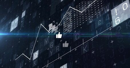 Image of like icons over data processing on black background