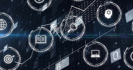 Image of business icons over data processing on black background