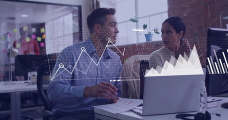 Image of financial data processing over diverse colleagues discussing work in office