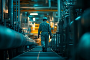 Obraz premium Industrial worker walking through refinery.