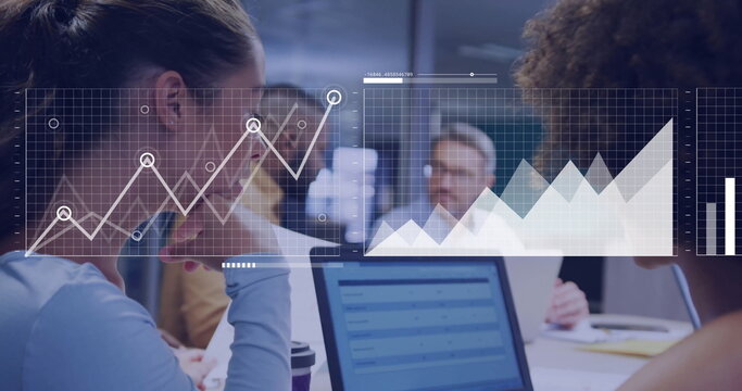 Image of financial data processing over diverse colleagues discussing work in office